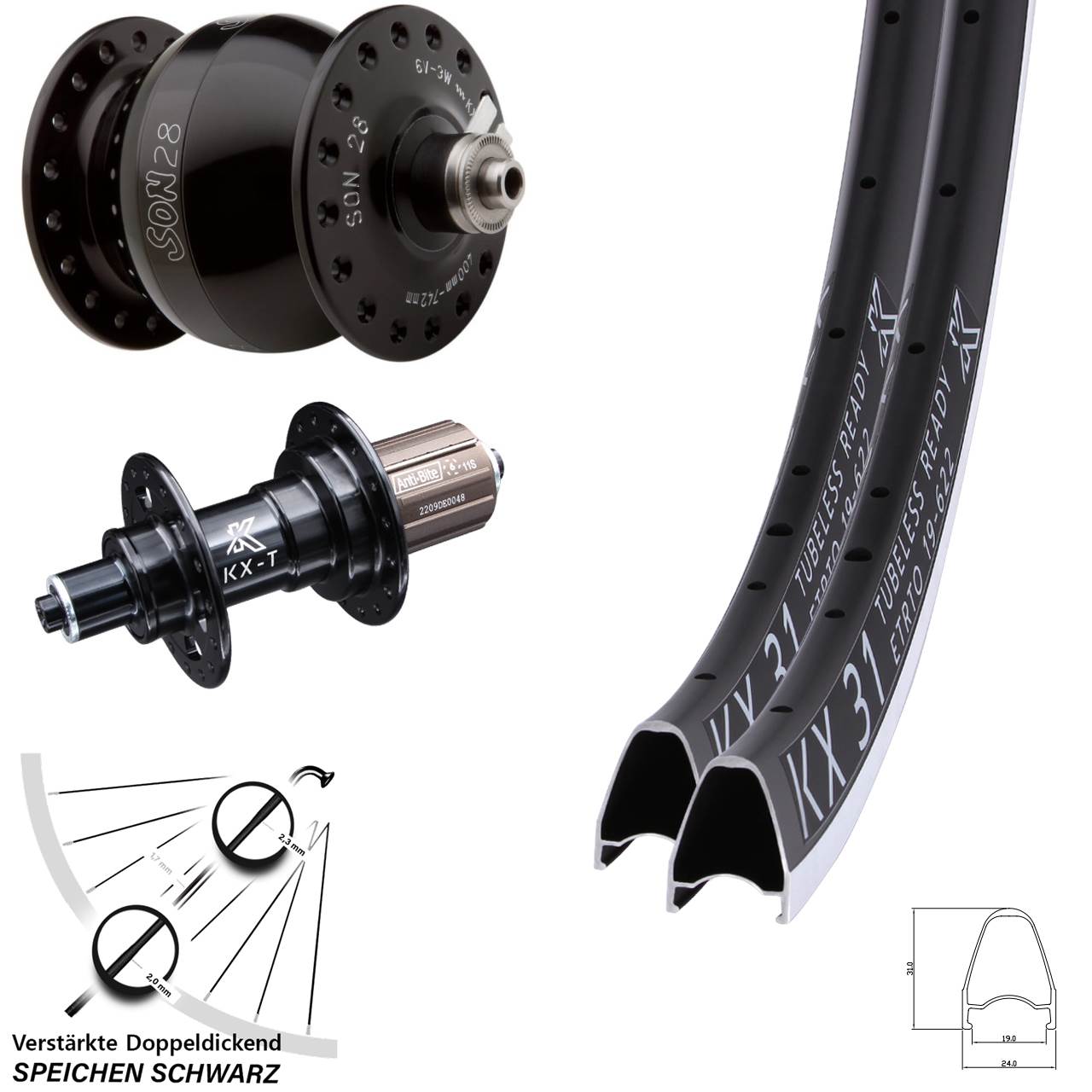 Laufradsatz für Schnellspanner 28 Zoll KX-T 31 SON 8-11 fach HG SON 28