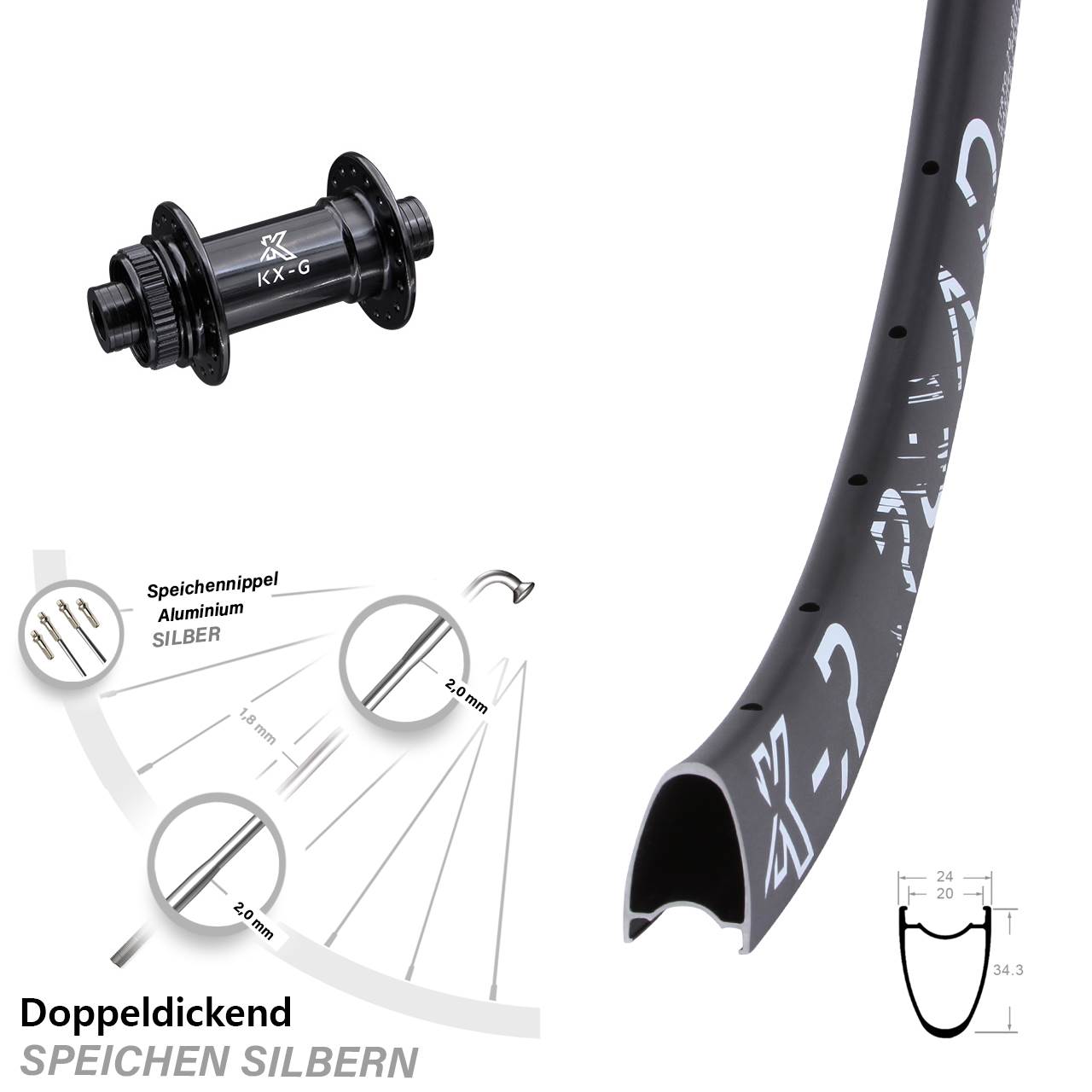 KX-GR Road Disc Vorderrad 28 Zoll Centerlock 12x100 mm Steckachse Hochprofil