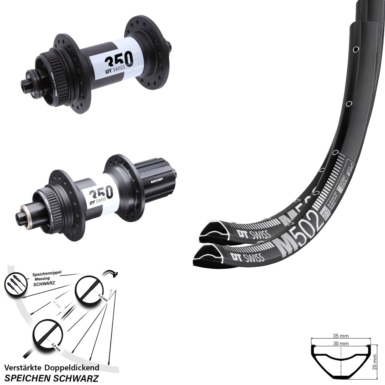 Laufrad-Satz 27,5 Zoll DT Swiss M 502-350 Ratchet 36 8-11 fach für Schnellspanner