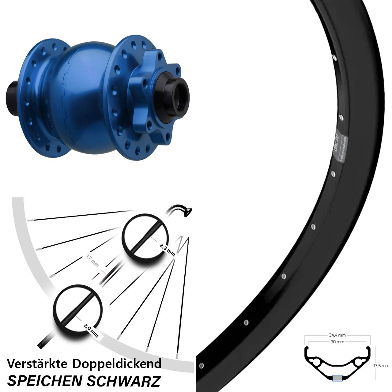 SON 28 blau Ryde Disc 30 27,5 Zoll 6-Loch Nabendynamo-Vorderrad 15x110 Boost