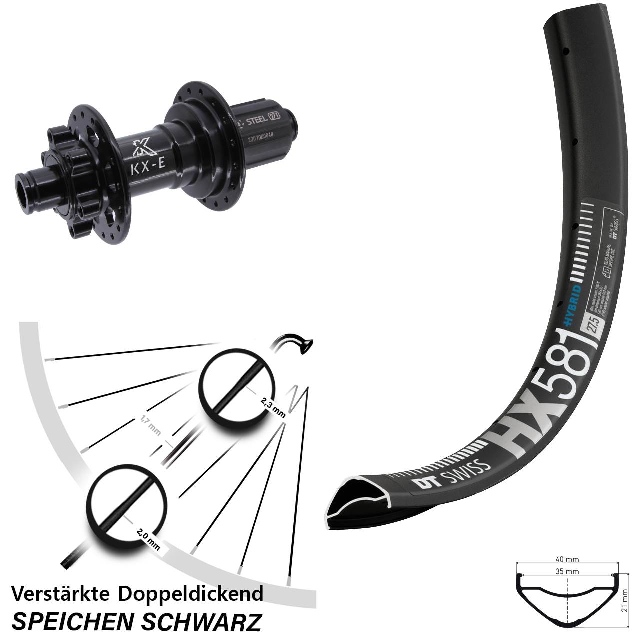 Boost Disc Hinterrad 12x148 27,5 Zoll DT Swiss HX 581 KX-E Stahl Freilauf 8-12 fach HG
