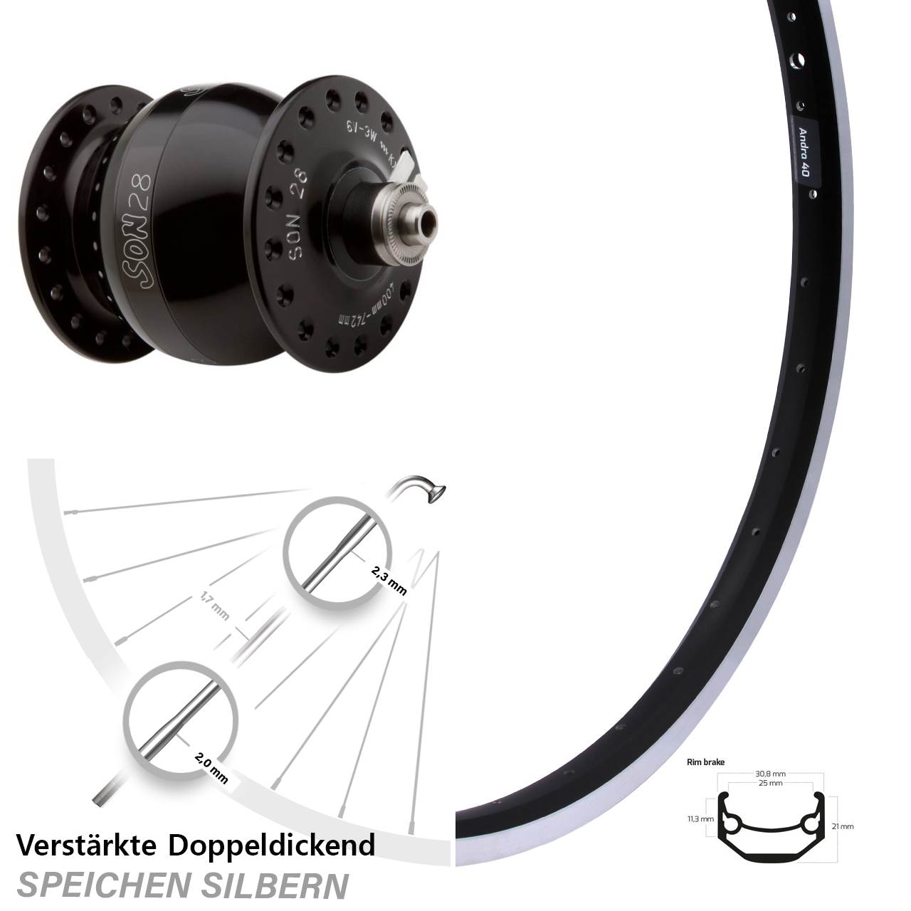 Nabendynamo-Vorderrad 27,5 Zoll Ryde Andra 40 SON 28 für Schnellspanner