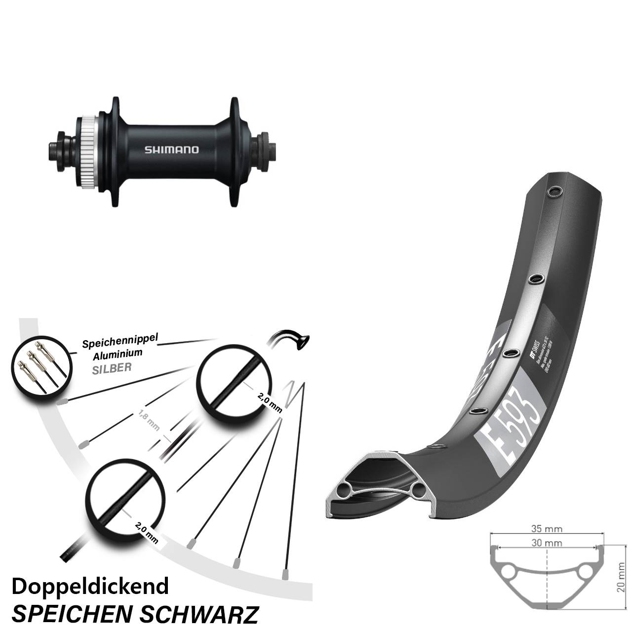 Centerlock Vorderrad 29 Zoll DT Swiss E593 Shimano Alivio für Schnellspanner