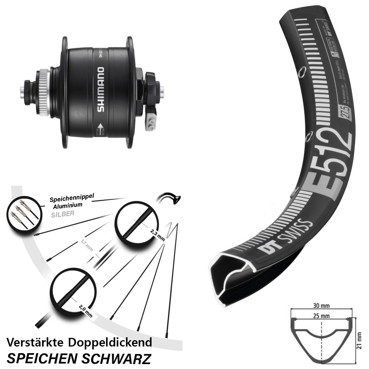 27,5 Zoll DT Swiss E 512 Shimano DH-3D37 Disc Nabendynamovorderrad QR