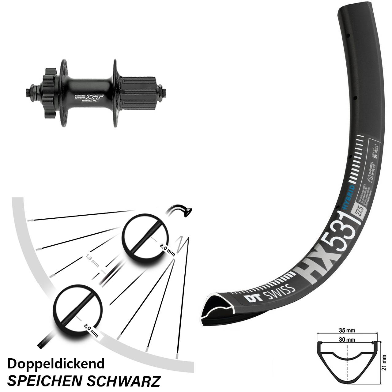 Hinterrad 29 Zoll DT Swiss HX531 Shimano Deore XT FH-M756 8-11 fach HG