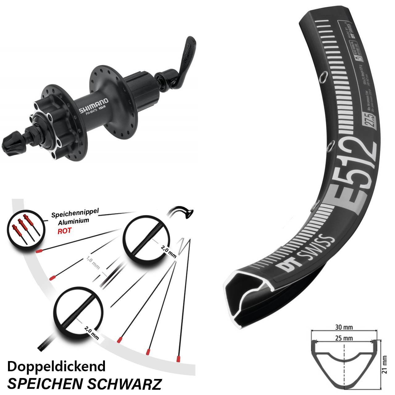 6-Loch Hinterrad 29 Zoll DT Swiss E 512 Shimano FH-M475 8-11 fach QR