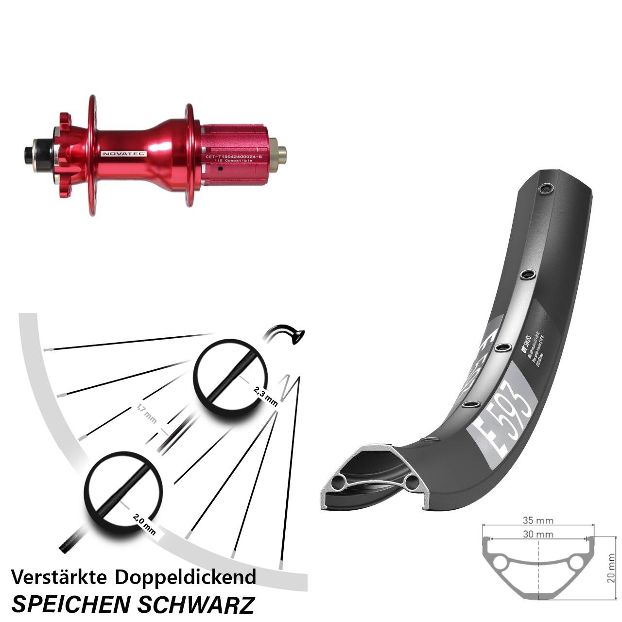 6-Loch Hinterrad für Schnellspanner 29 Zoll DT Swiss E 593 Novatec D792SB 8-12 fach HG