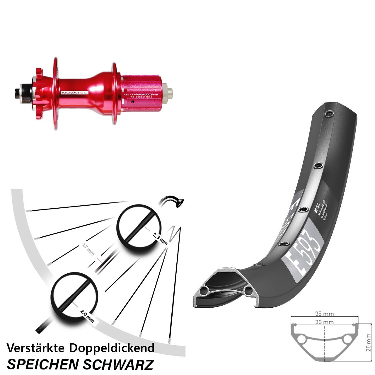 6-Loch Hinterrad für Schnellspanner 29 Zoll DT Swiss E 593 Novatec D792SB 8-12 fach HG
