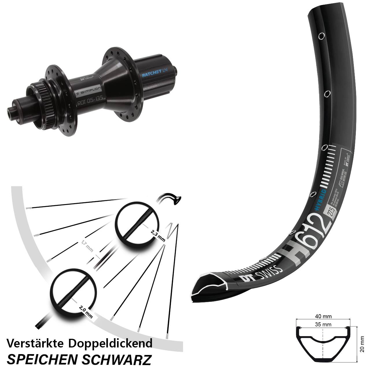 Disc Laufrad für Schnellspanner 27,5 Zoll DT Swiss H 612-370 Hybrid 8-11 fach HG