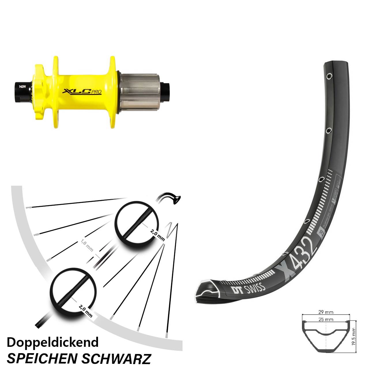 29 Zoll DT Swiss X432 XLC Pro gelb Disc Hinterrad 12x142 8-11 fach HG