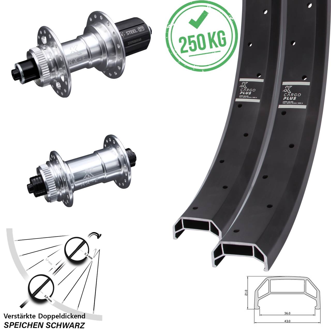 Disc Laufradsatz 20 Zoll KX-E Cargo Plus Heavy Duty verstärkt 8-12 fach HG QR