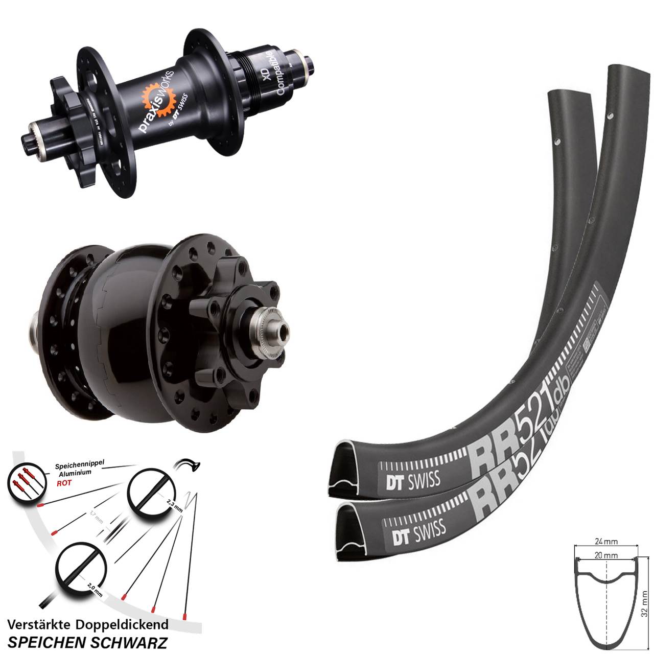DT Swiss RR 521 350 SON 28 Zoll Laufradsatz 6-Loch für Schnellspanner SRAM XD