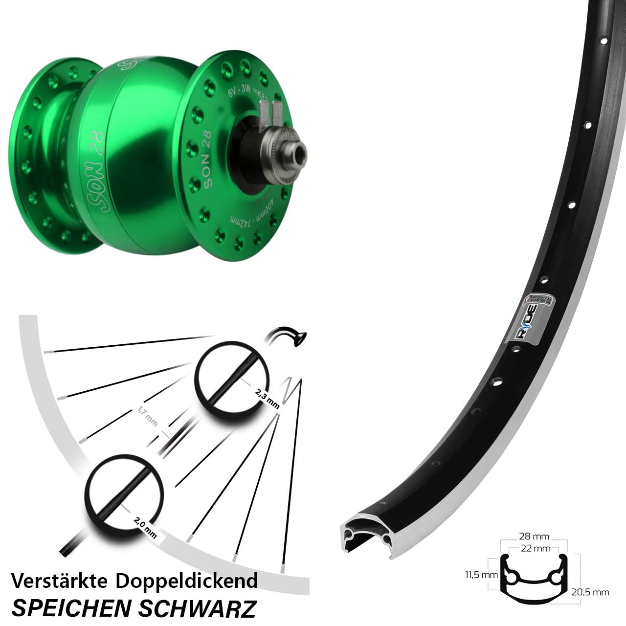 27,5 Zoll Ryde Andra 35 SON 28 grün Vorderrad mit Nabendynamo QR
