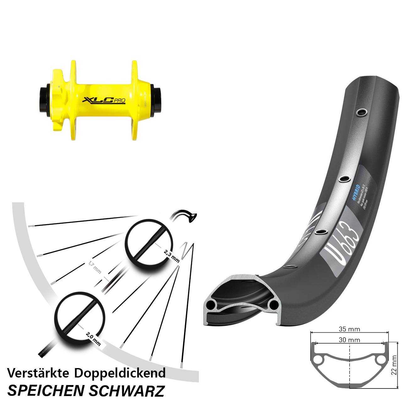 26 Zoll DT Swiss U 663 XLC gelb Vorderrad 6-Loch 15x100