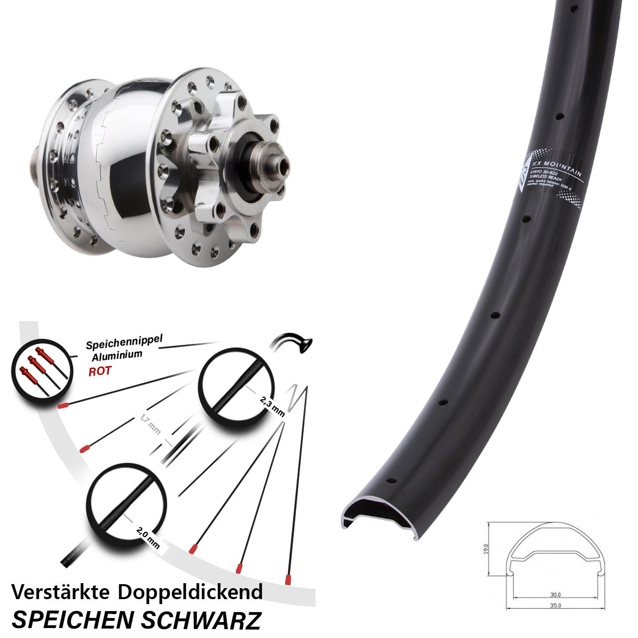 Disc Laufrad mit Nabendynamo 29 Zoll KX Mountain TR SON 28 poliert für Schnellspanner