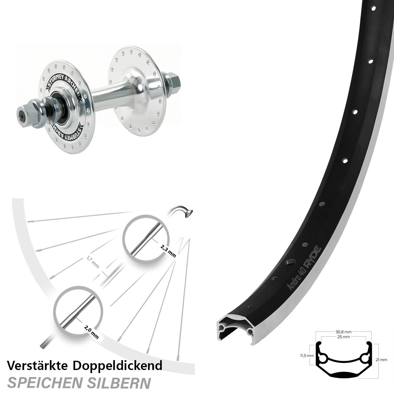 Ryde Andra 40 Sturmey Archer HBT30 20 Zoll Vorderrad Vollachse