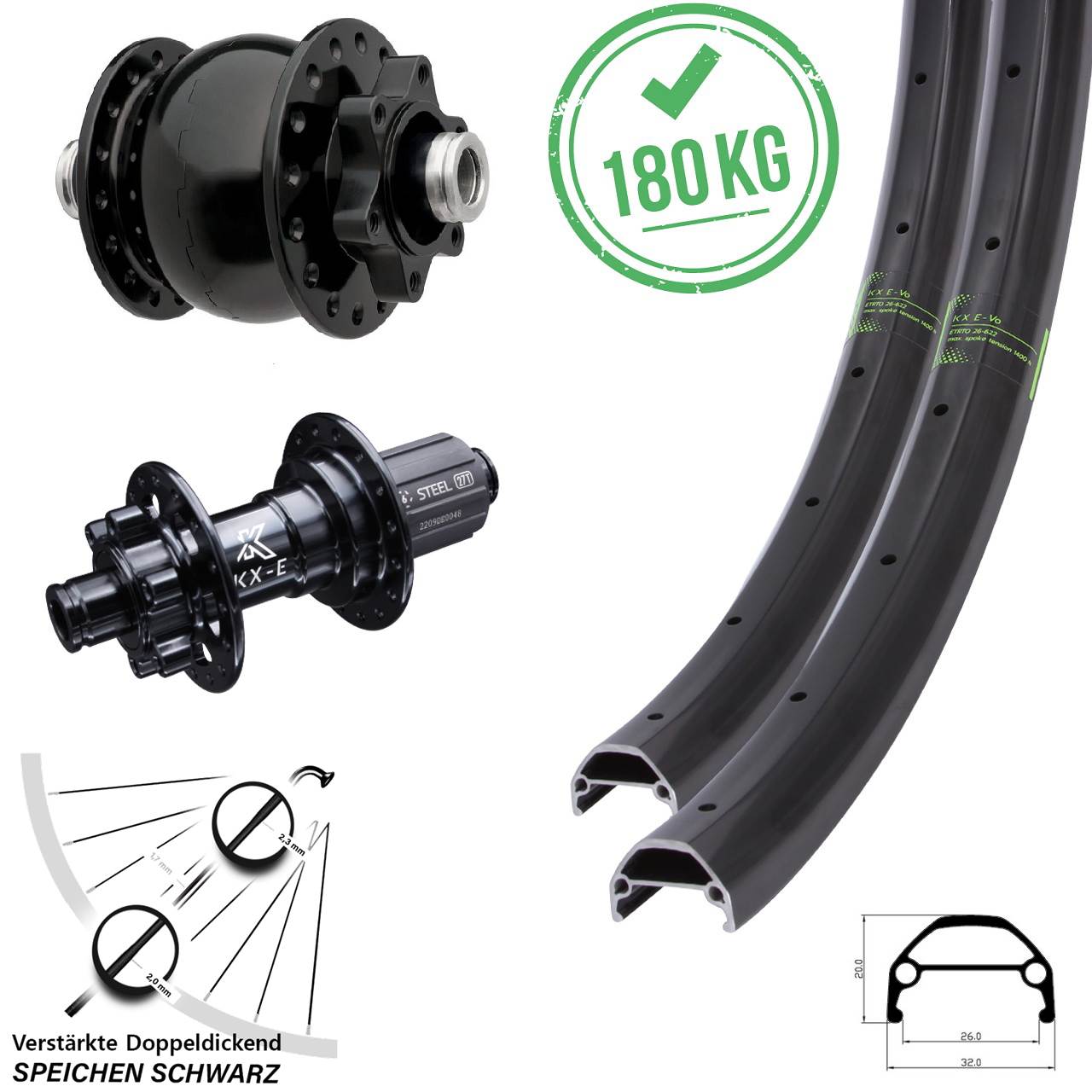 Laufradsatz 20 Zoll KX-Evo 6-Loch 12x100/142 SON 28 Dynamo HG KX-E 8-12 fach