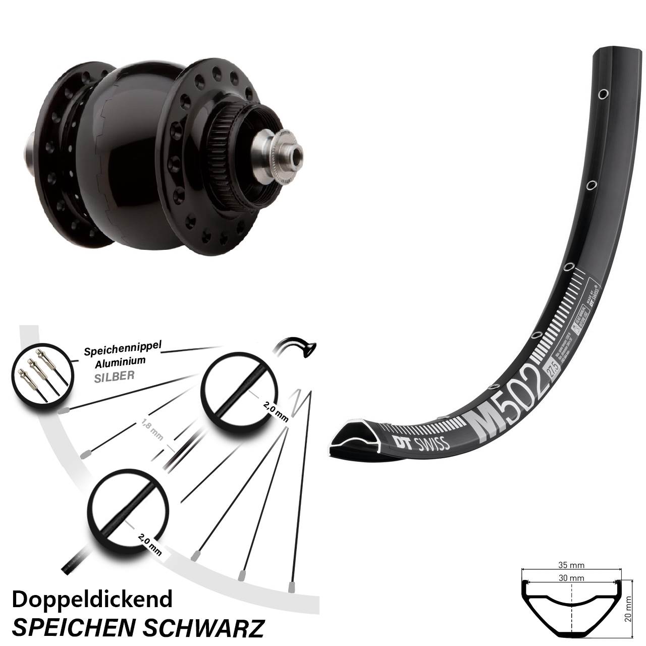 Vorderrad 29 Zoll DT Swiss M 502 SON delux Centerlock QR schwarz eloxiert
