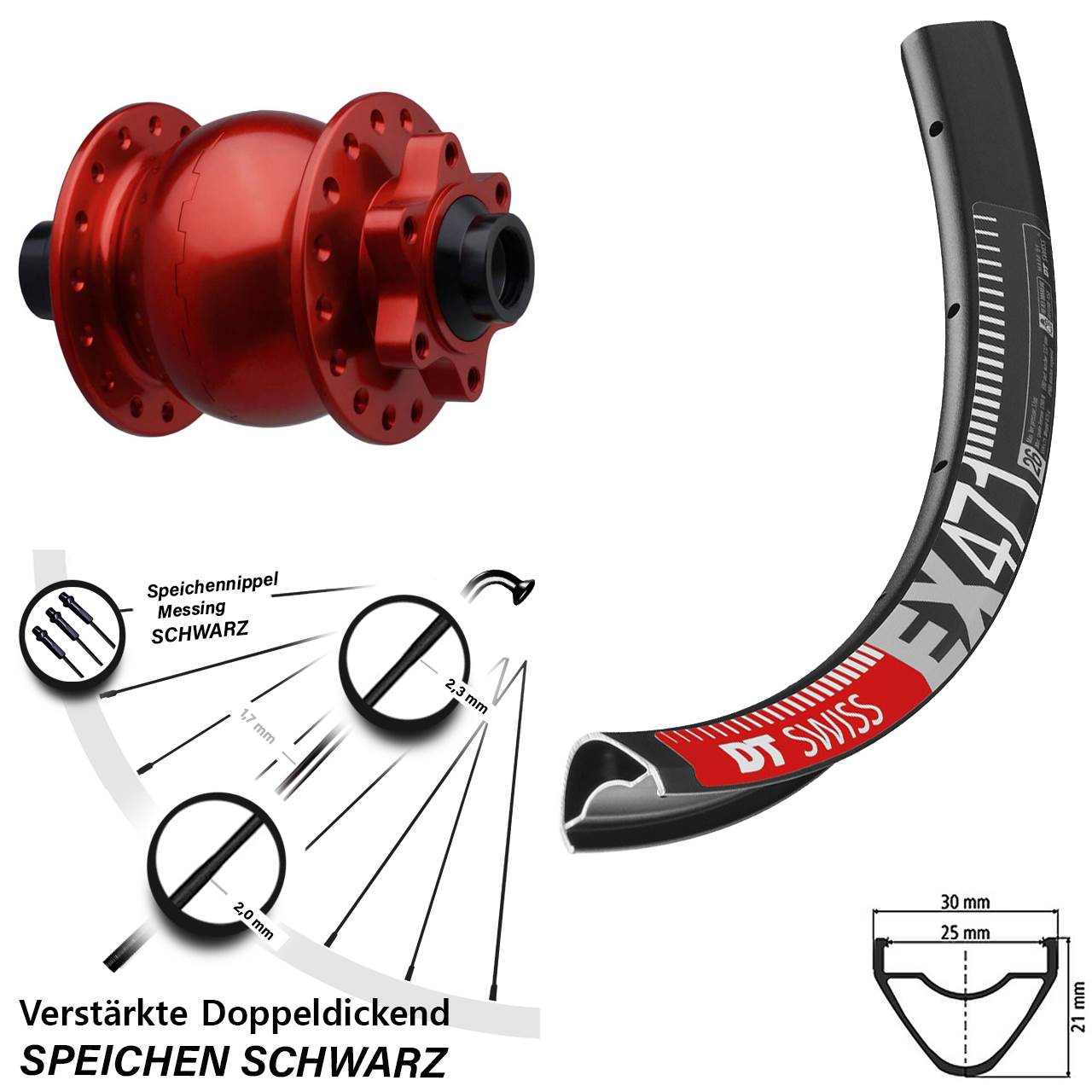 Boost Disc Nabendynamolaufrad 15x110 27,5 Zoll DT Swiss EX471 SON 28 rot