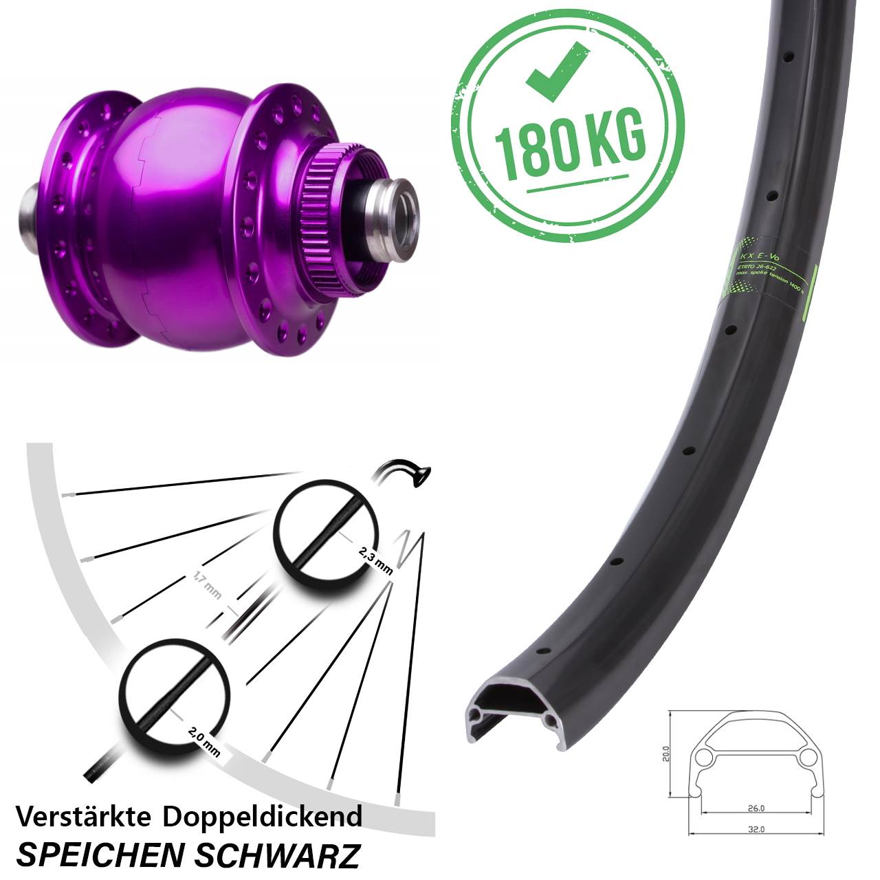26 Zoll KX Evo SON 28 violett Centerlock Vorderrad mit Nabendynamo 12x100