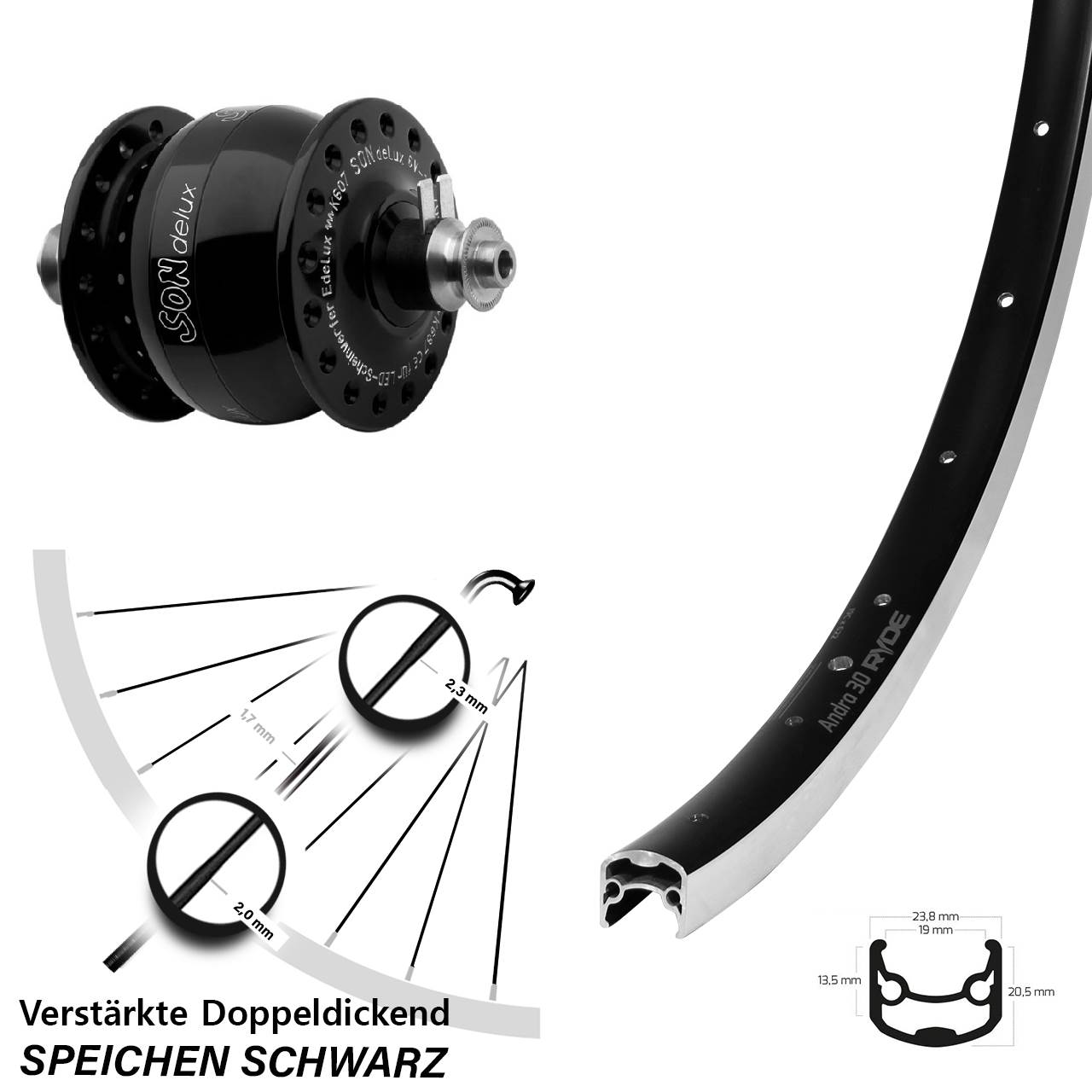 Nabendynamo-Vorderrad 26 Zoll Ryde Andra 30 SON delux QR