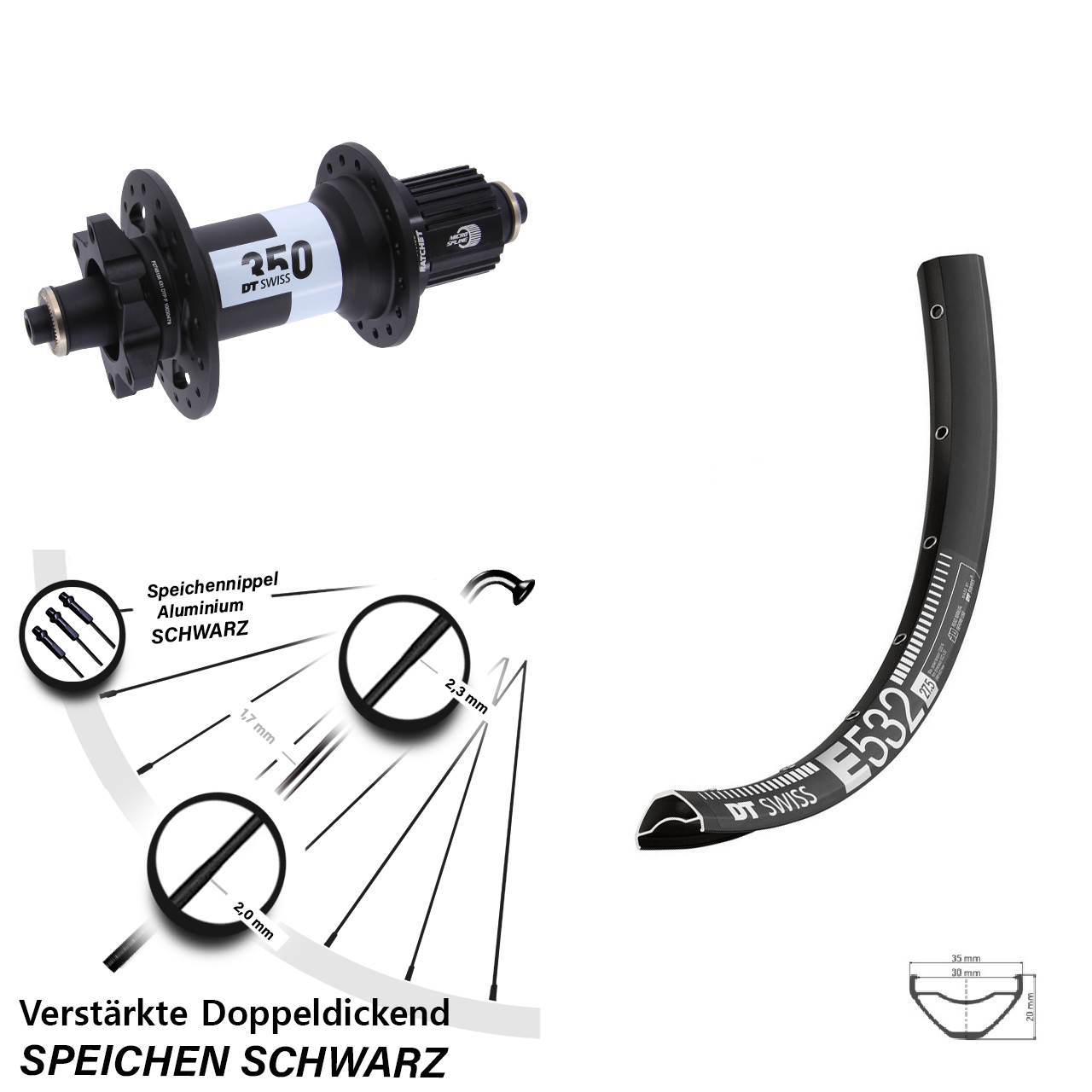 29 Zoll DT Swiss E532-350 Hinterrad für Schnellsp. Shimano Micro Spline