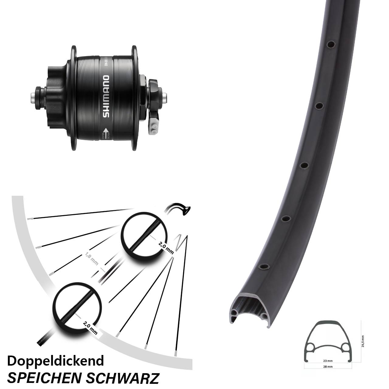 Ambrosio Sport Shimano DH-3D32 28 Zoll Vorderrad mit Nabendynamo 6-Loch für Schnellspanner