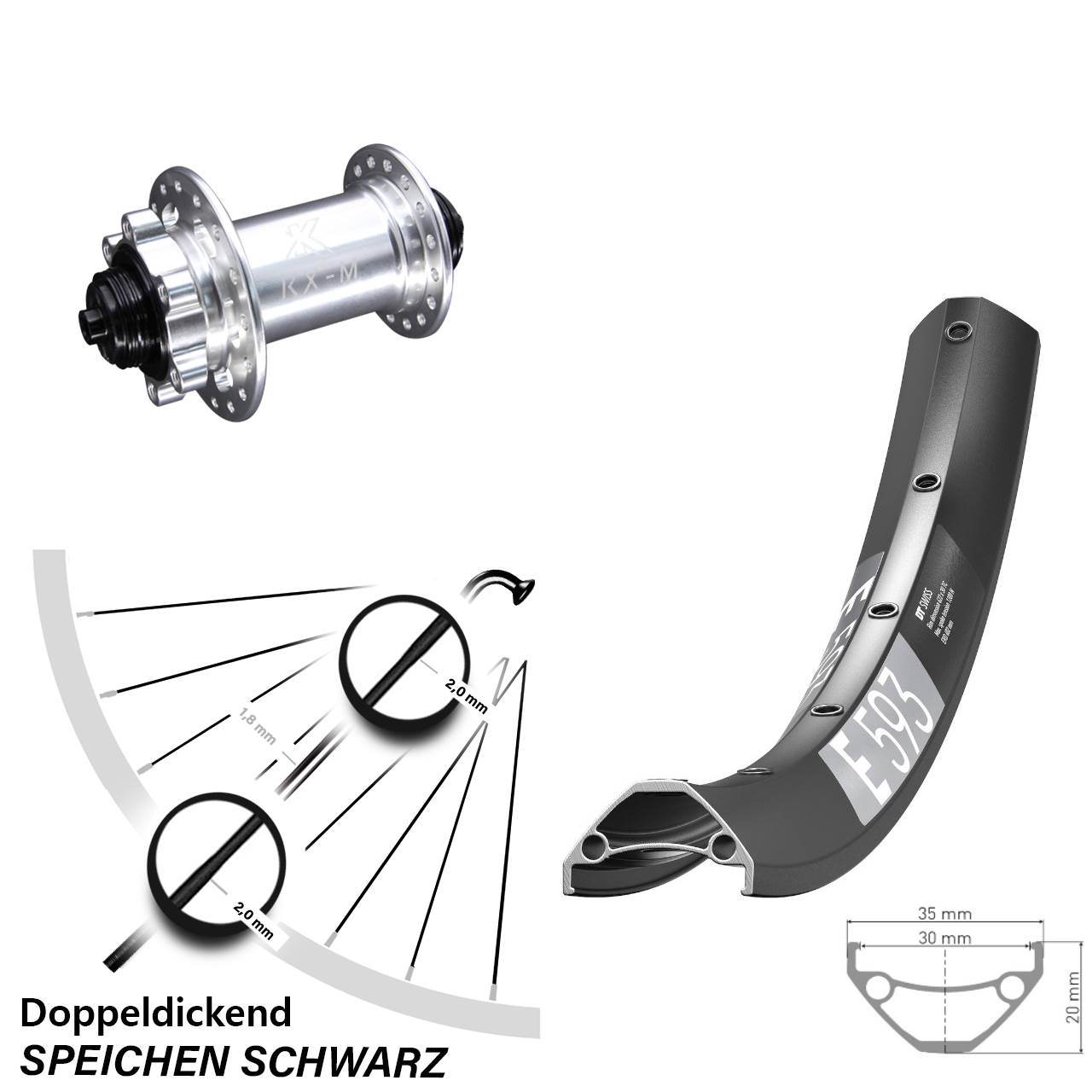 29 Zoll DT Swiss E593 Disc KX-M 6-Loch Vorderrad QR