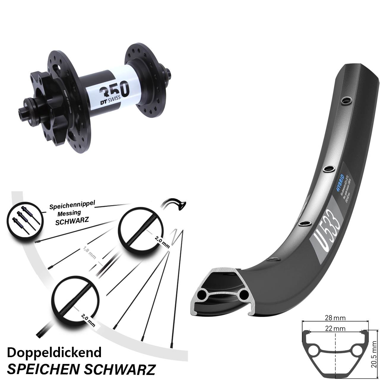 Vorderrad 28 Zoll DT Swiss U 533-350 6-Loch QR