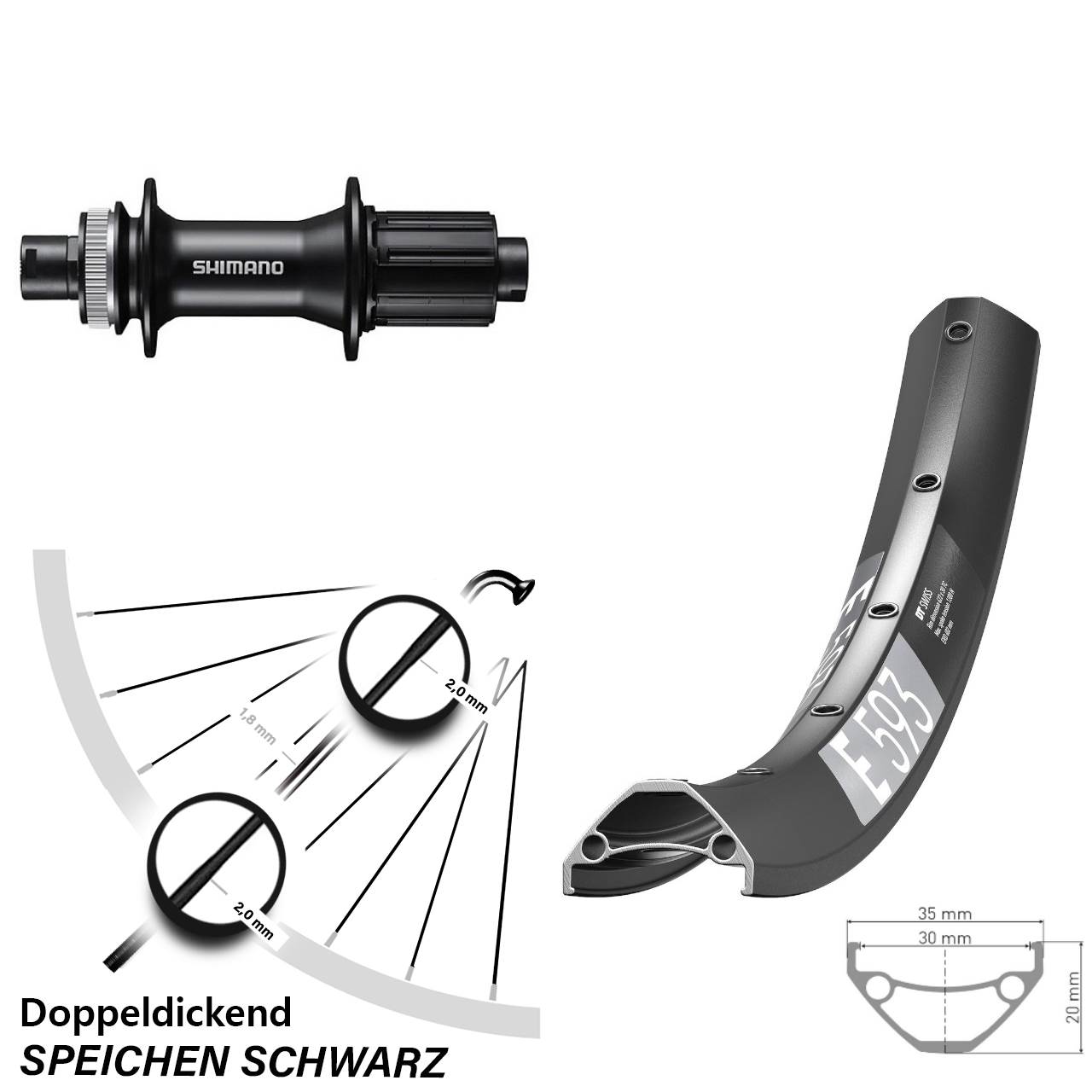 29 Zoll DT Swiss E593 Shimano FH-MT400 Disc Laufrad 12x142 8-11 fach HG