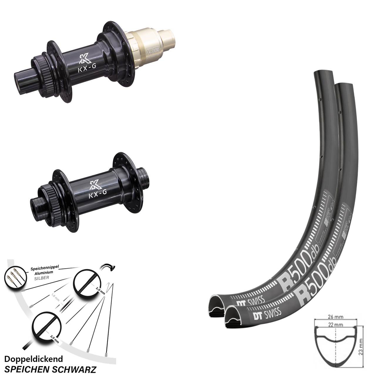 Laufradsatz DT Swiss R 500 Road Disc KX-G Nabe Steckachse Sram XDR Centerlock