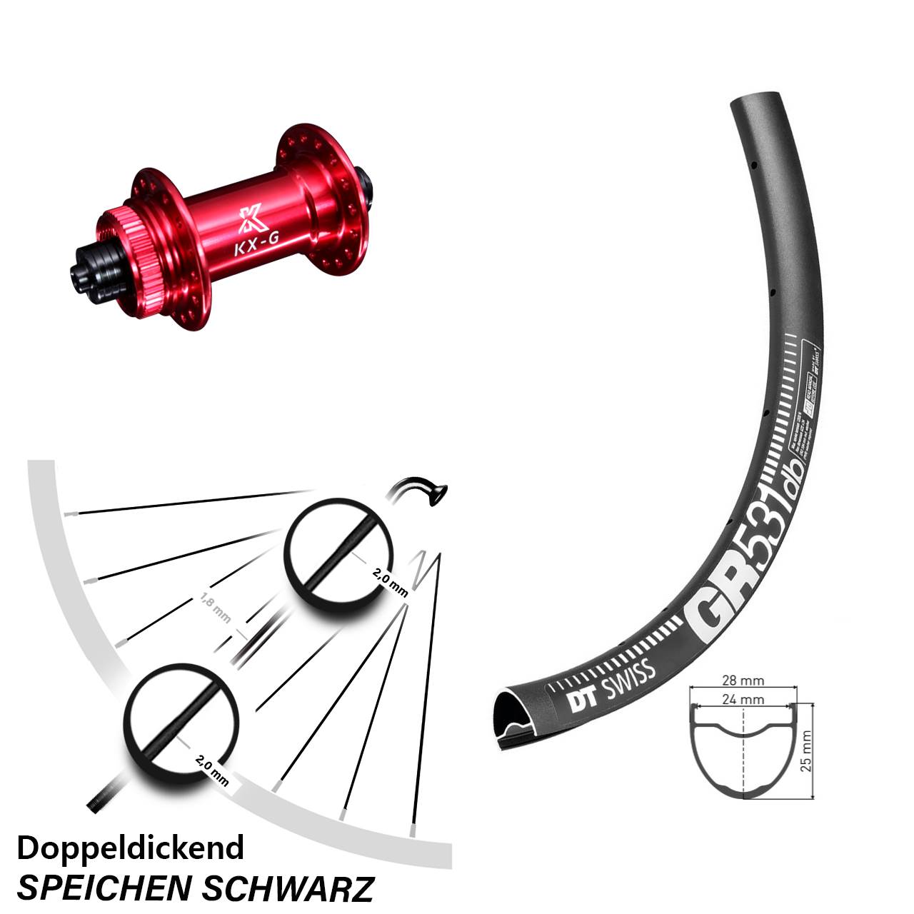 27,5 Zoll Vorderrad DT Swiss GR 531 DB Disc KX-G Schnellspanner Nabe rot-eloxiert 5x100 mm