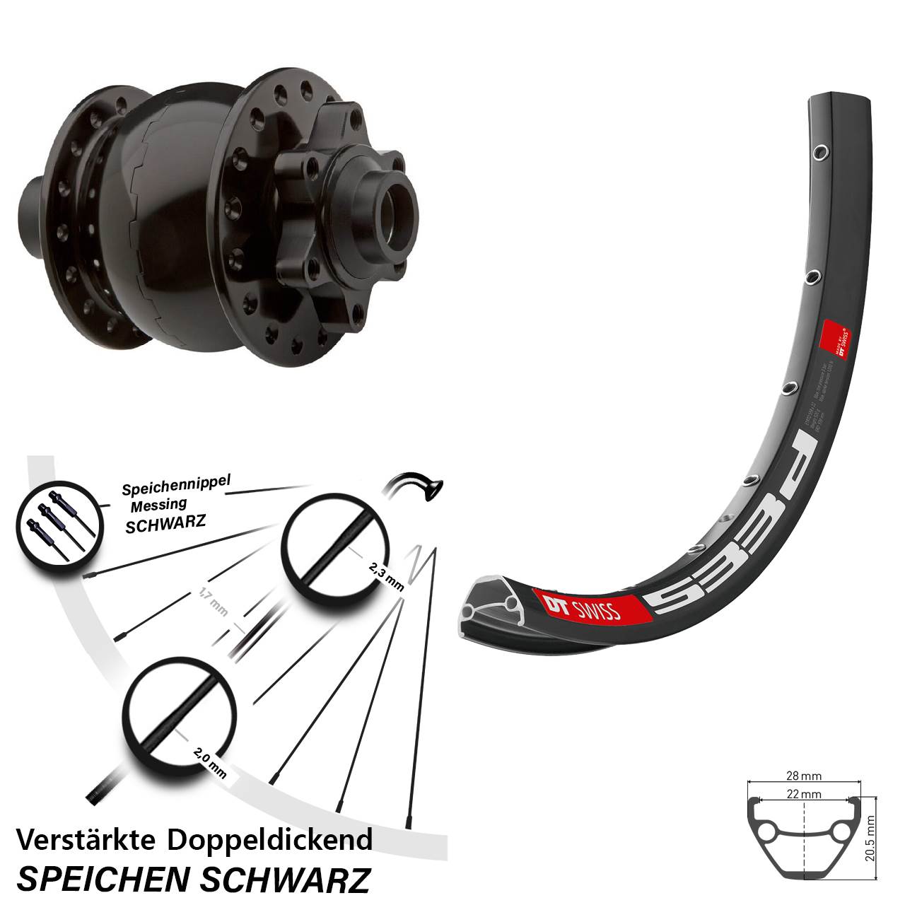 Son 28-15 6-Loch Nabendynamo Vorderrad DT Swiss 533 28-29 Zoll