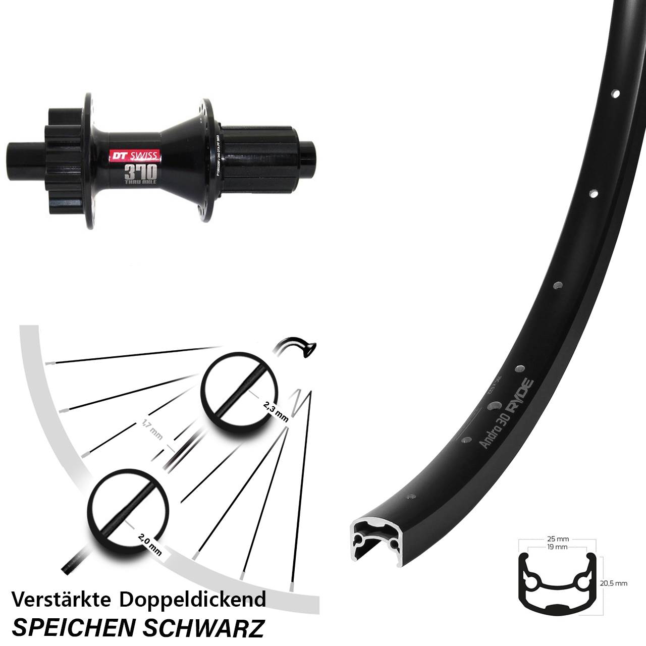 Disc Hinterrad 28-29 Zoll Ryde Andra 30 DT Swiss 370 Hybrid 8-11 fach HG 12x142