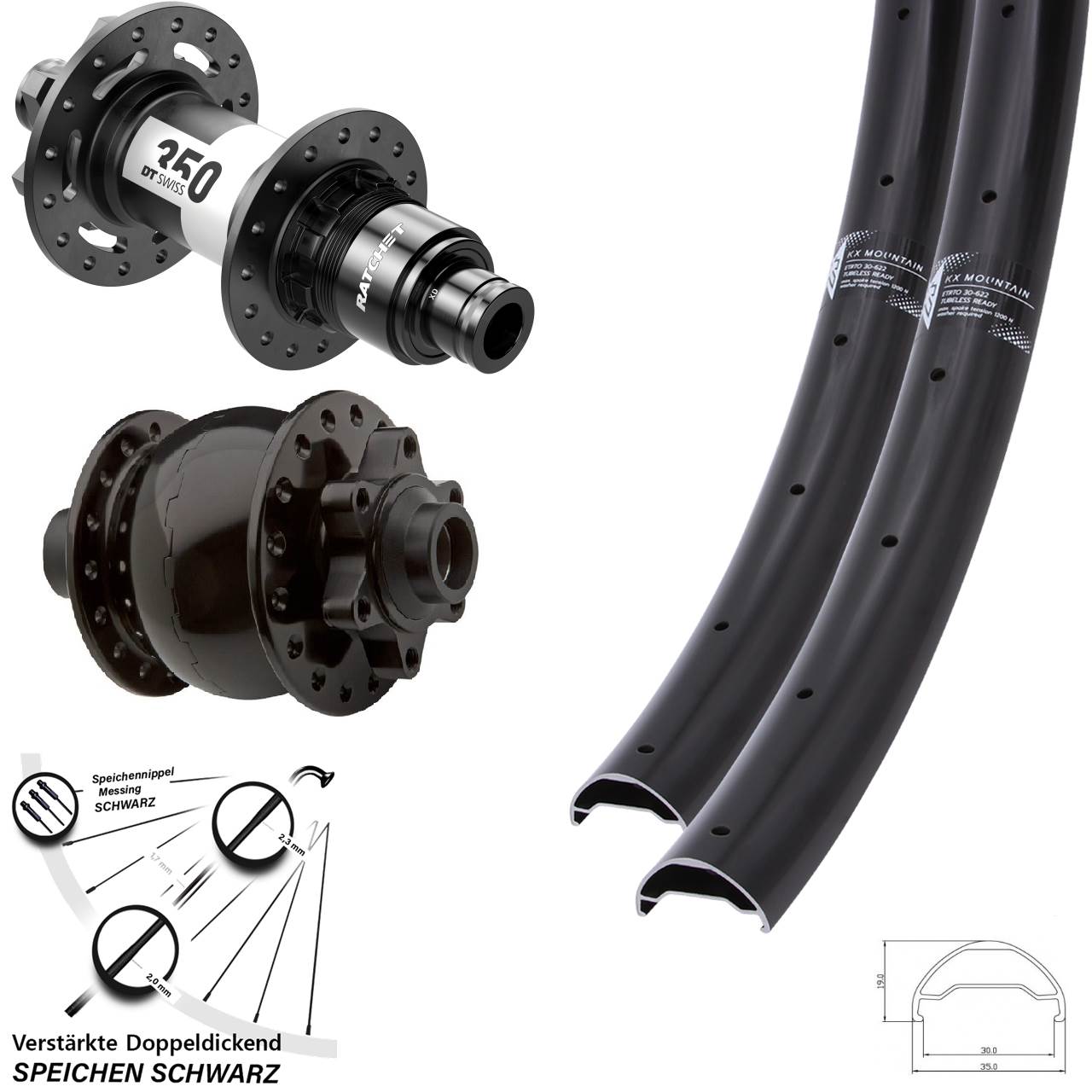 Disc Laufrad-Satz 15x100 12x142 29 Zoll KX Mountain TR DT Swiss 350 Ratchet 36 SON 28 XD