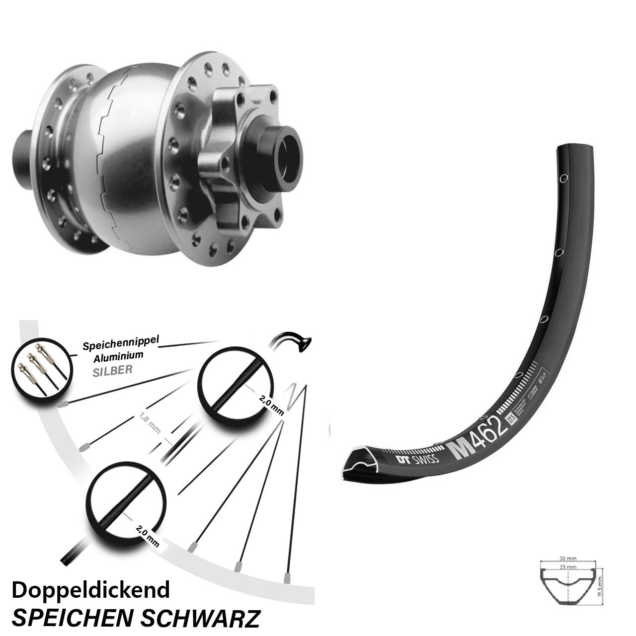 27,5 Zoll DT Swiss M 462 SON 28 silbern Dynamo-Vorderrad 6-Loch 15x100
