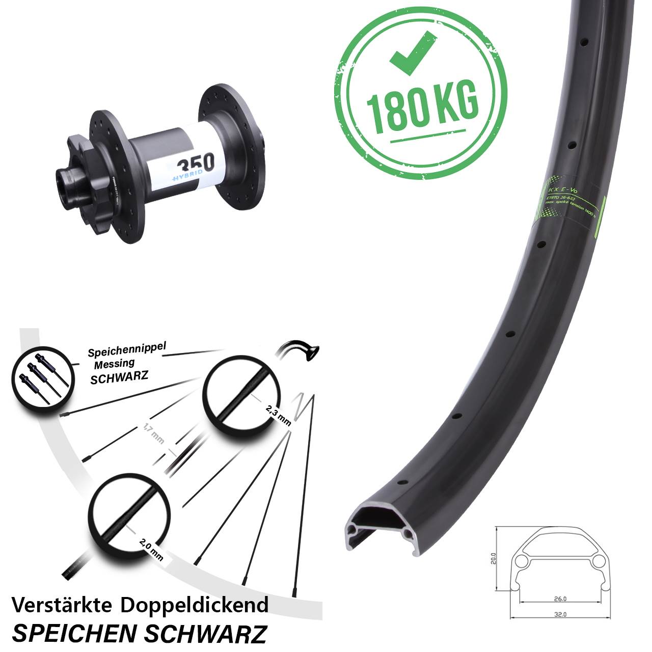 E-Bike 29 Zoll Vorderrad KX Evo 26-622 ETRTO DT Swiss 350 Hybrid Boost 6-Loch 15x110 mm