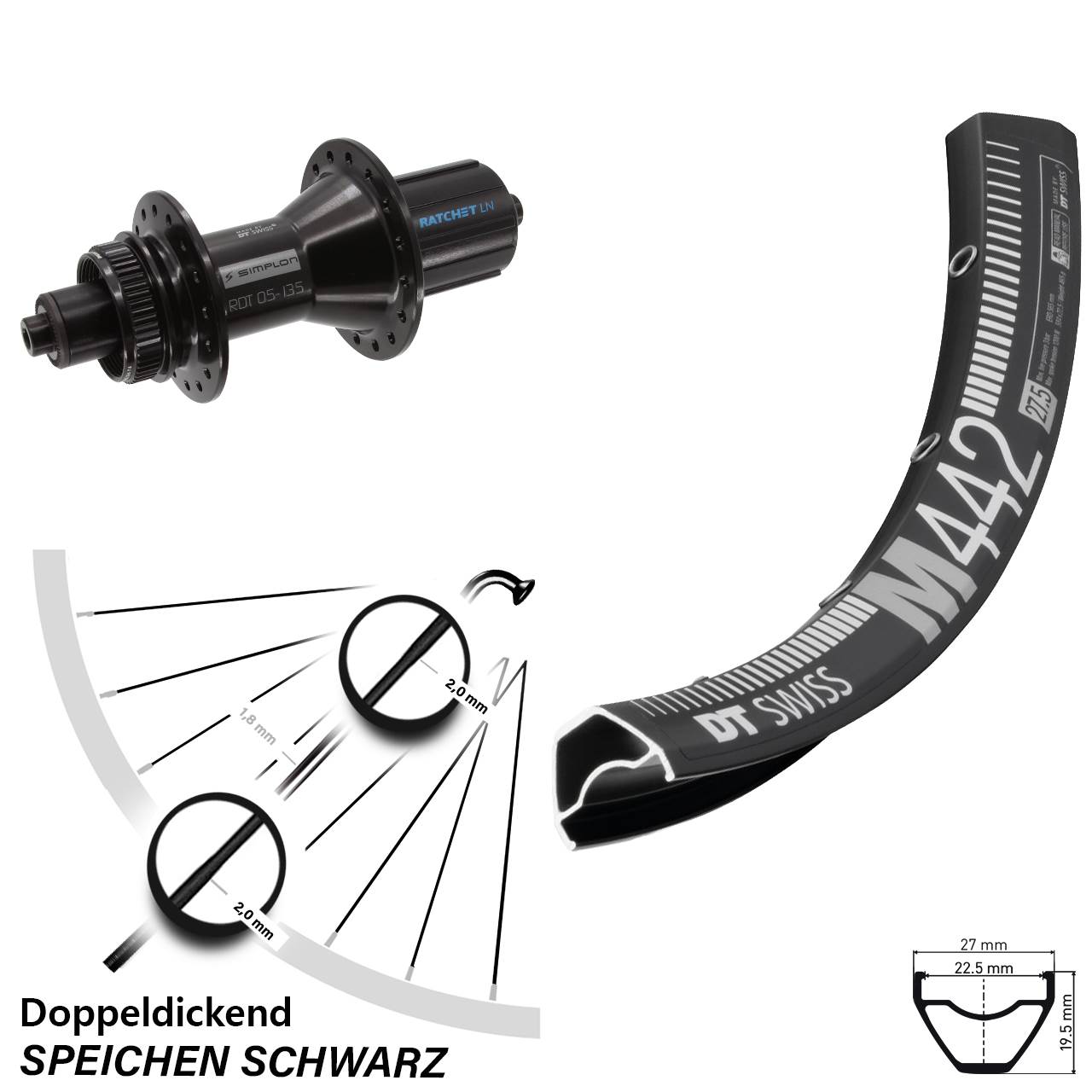 29 Zoll DT Swiss M 442-370 Hybrid Hinterrad Centerlock 8-11 fach QR