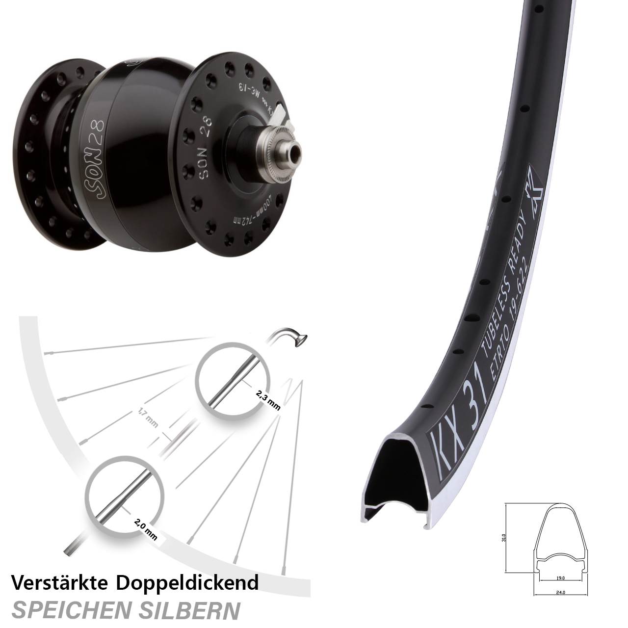 Vorderrad 28 Zoll KX 31 SON 28 Felgenbremse schwarz eloxiert