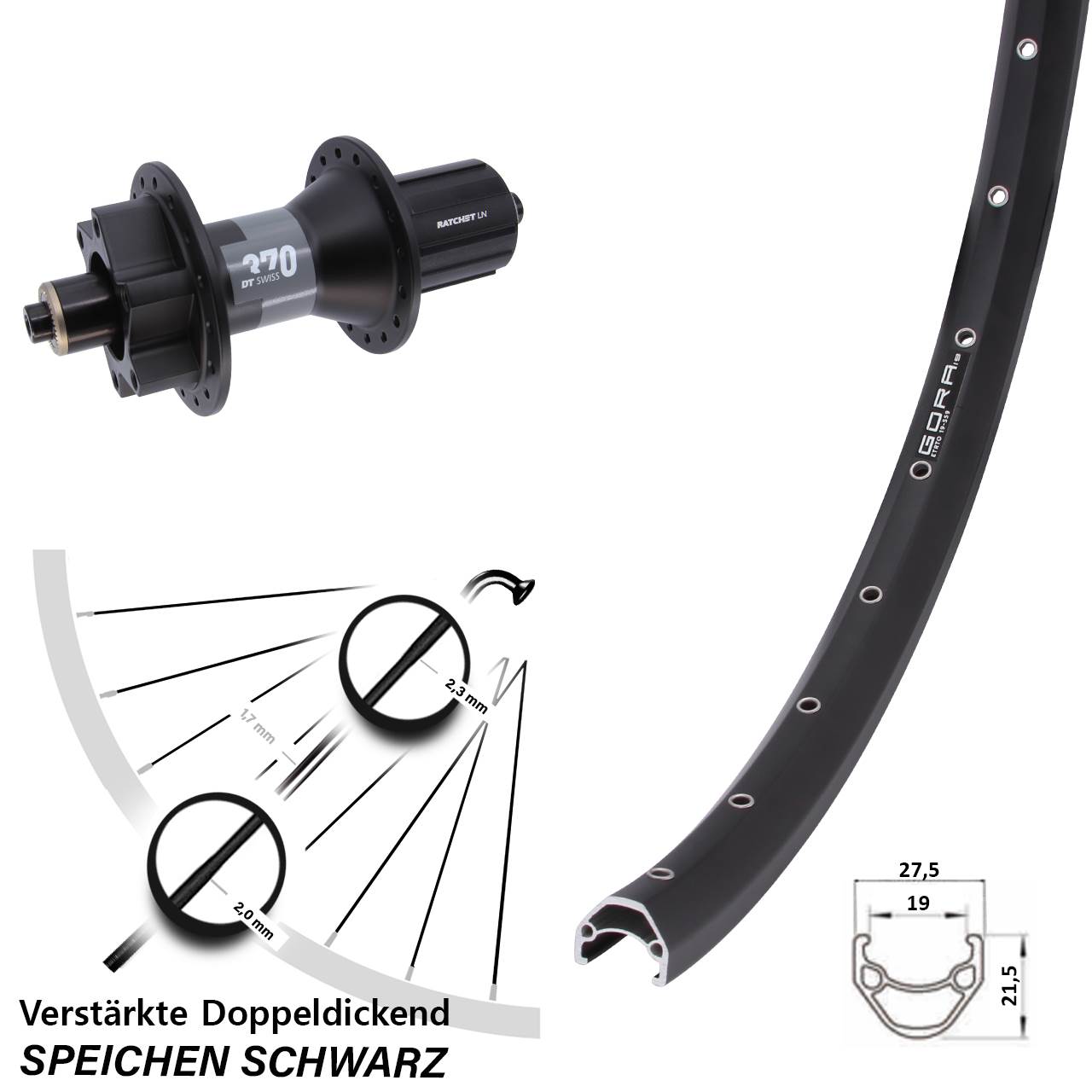 26 Zoll Gora 19 DT Swiss 370 Disc Laufrad für Schnellspanner 8-11 fach