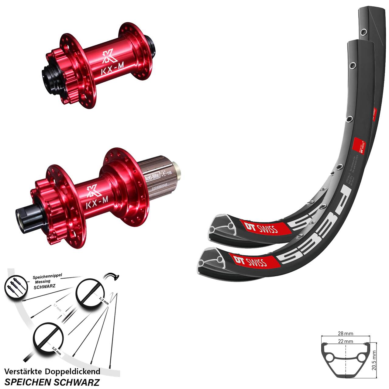 DT Swiss 533 D KX-M rot 28-29 Zoll Laufradsatz 6-Loch 15x100 12x142 8-12 fach