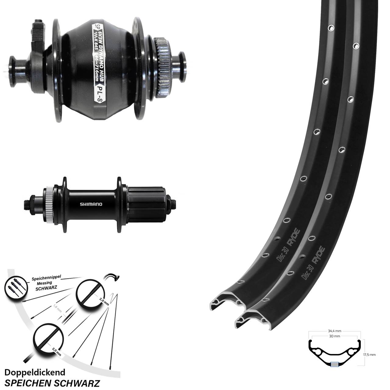 Disc Laufradsatz 27,5 Zoll Ryde Disc 30 Shimano FH-QC400 Shutter PL-8 8-11 fach HG QR