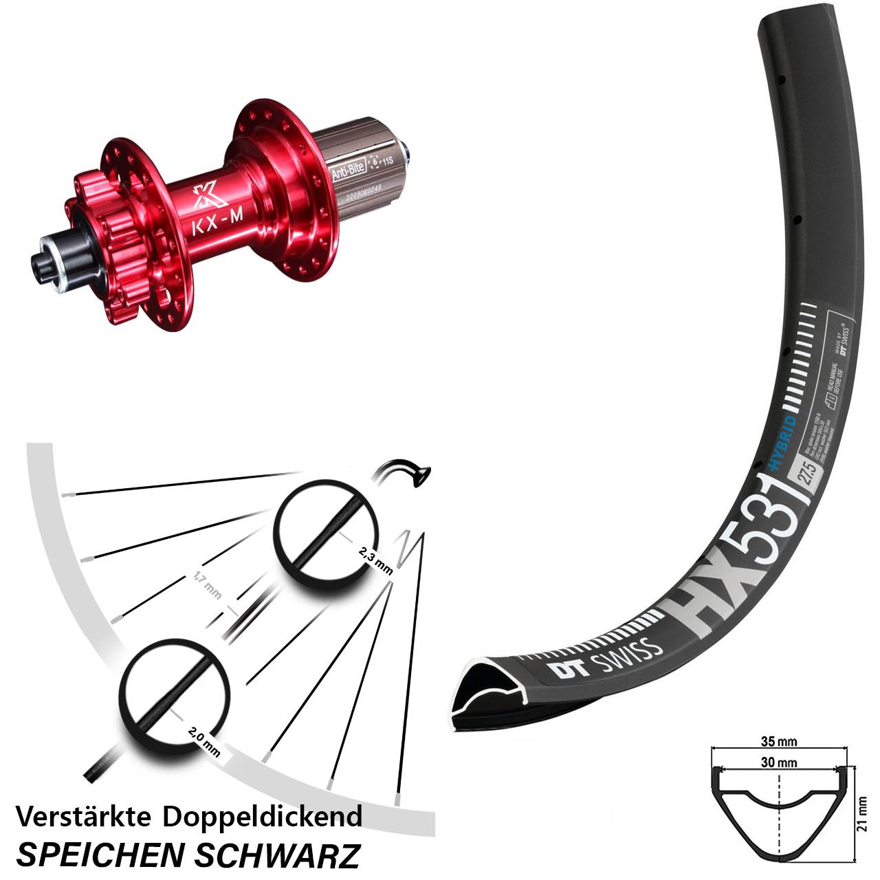 DT Swiss HX 531 KX-M rot 29 Zoll Hinterrad 6-Loch für Schnellspanner 8-12 fach