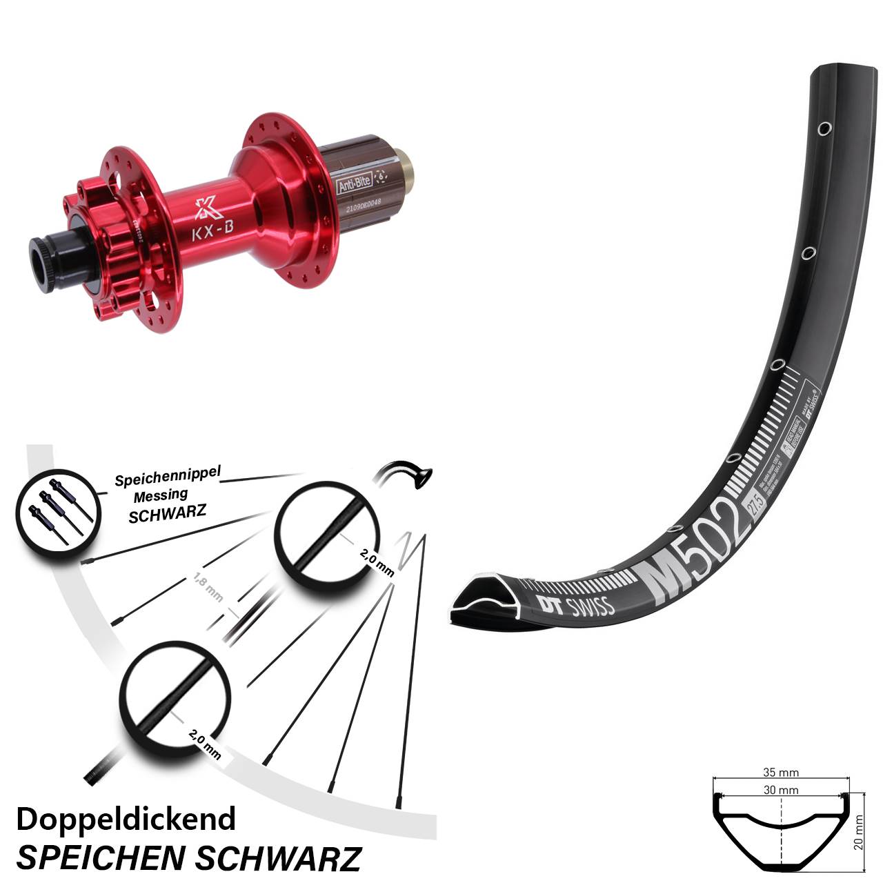 27,5 Zoll Hinterrad DT Swiss M 502 KX-B rot 6-Loch 12x148