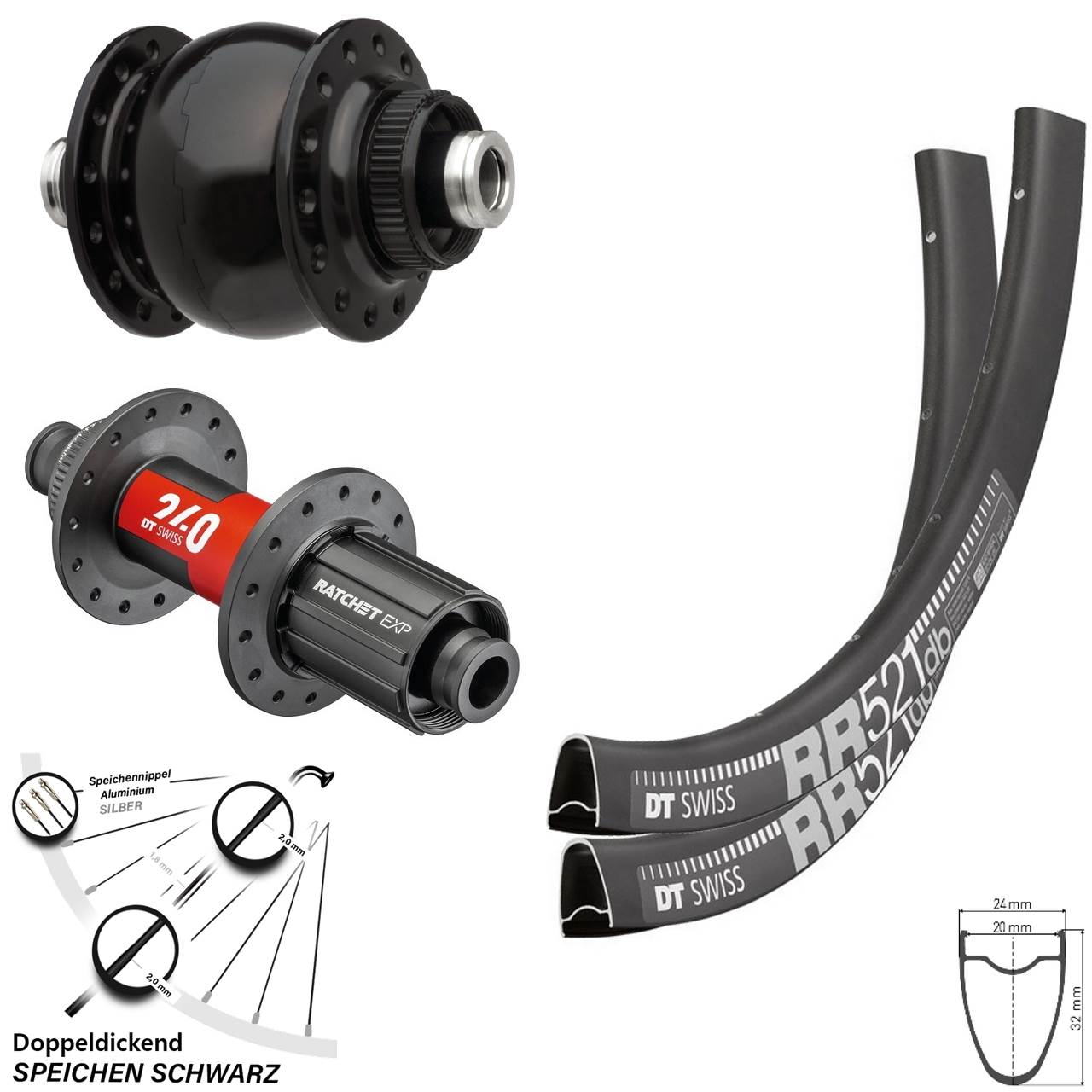 DT Swiss RR 521-240 EXP Road SON 28 Zoll Disc Laufrad-Satz 12x100/142 11-12 fach HG