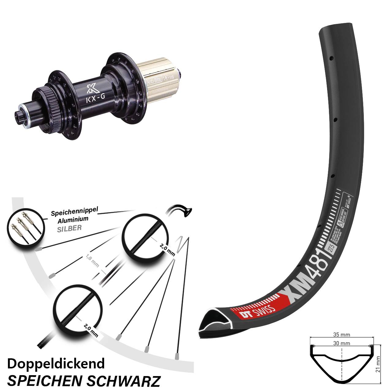 DT Swiss XM481 KX-G 27,5 Zoll Hinterrad Centerlock für Schnellspanner 8-12 fach