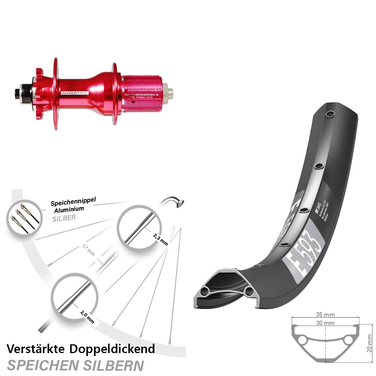6-Loch Hinterrad für Schnellspanner 29 Zoll DT Swiss E 593 Novatec D792SB 8-12 fach HG