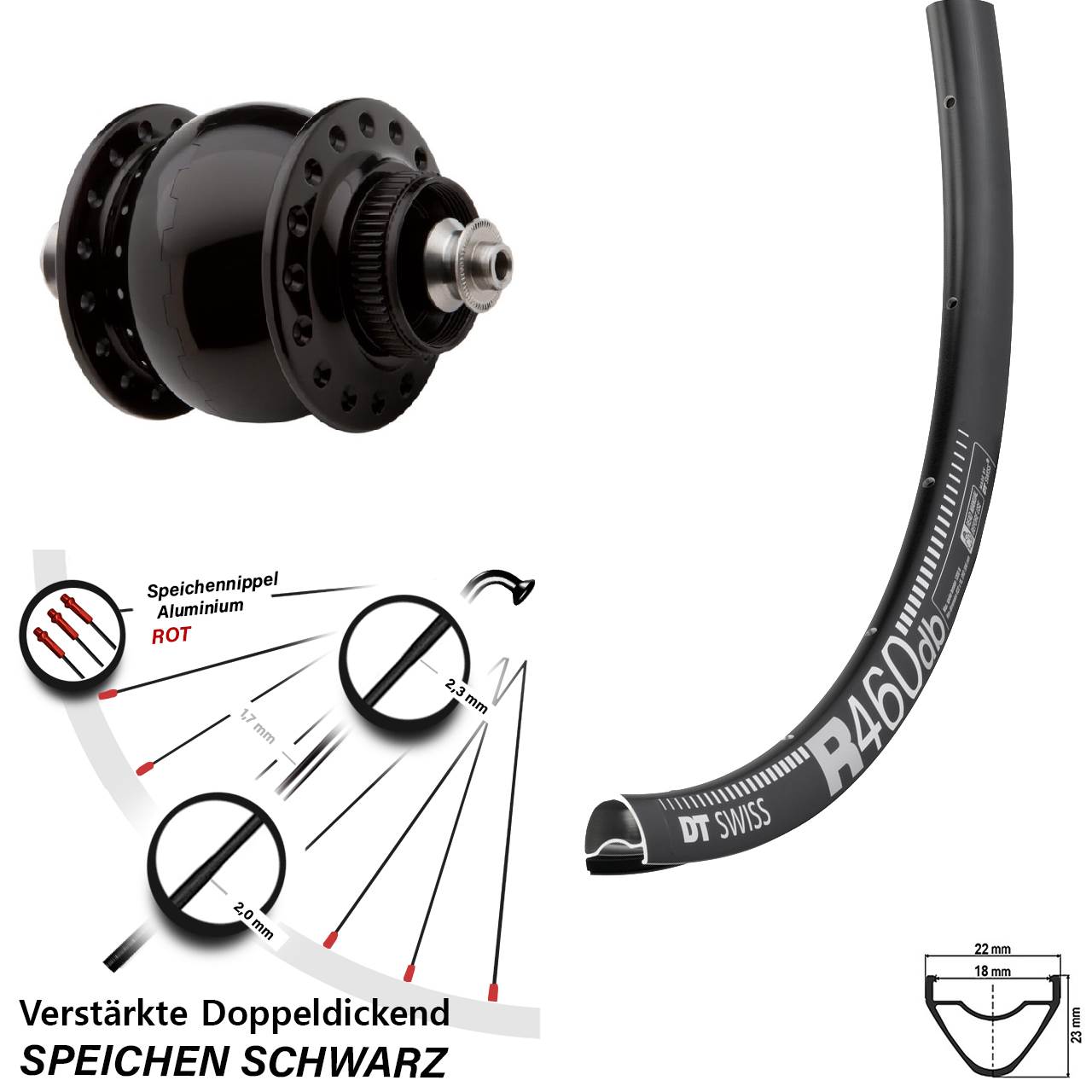 Nabendynamovorderrad 28 Zoll DT Swiss R 460 Disc SON delux für Schnellspanner