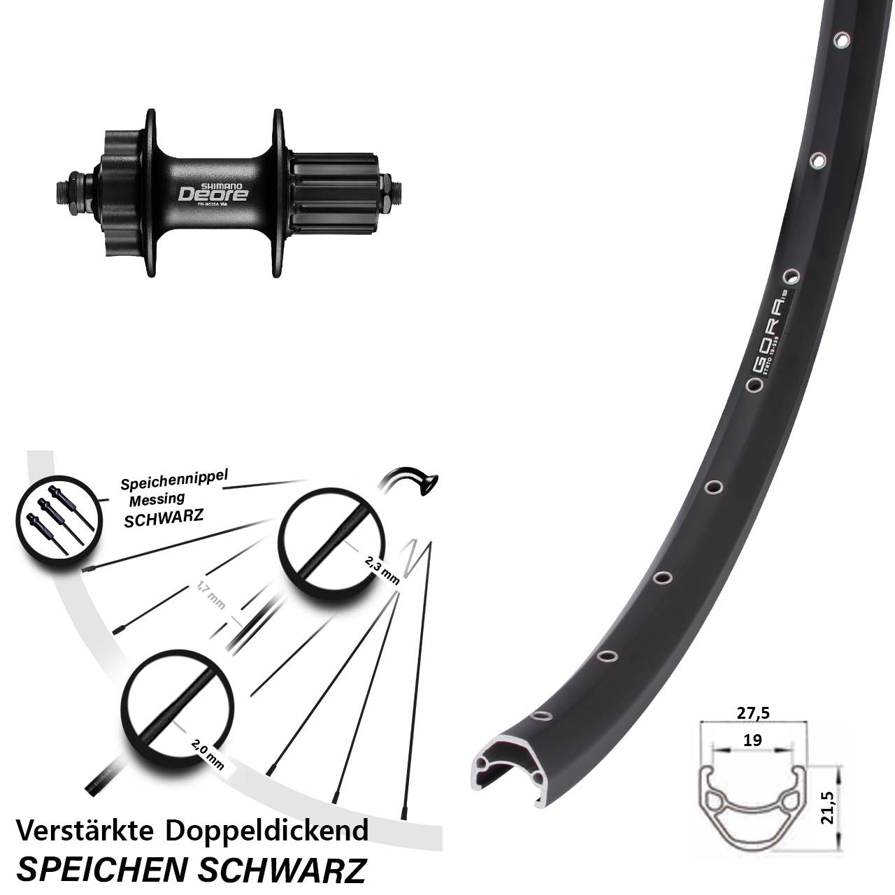 Disc Laufrad 27,5 Zoll Gora 19 Shimano Deore FH-M525 8-11 fach HG QR