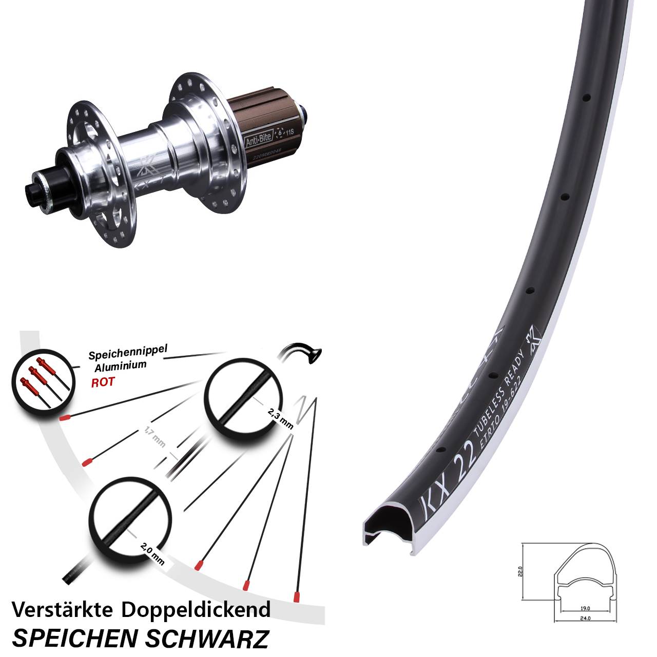 28 Zoll KX 22 OS Felgenbremse Rennrad Hinterrad 8-12 fach HG